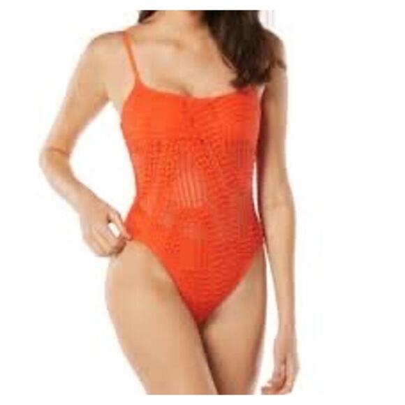 New CARMEN MARC VALVO Scoop-Neck Cutout One Piece Swimsuit Persimmon Red Sz 14 - Picture 1 of 16